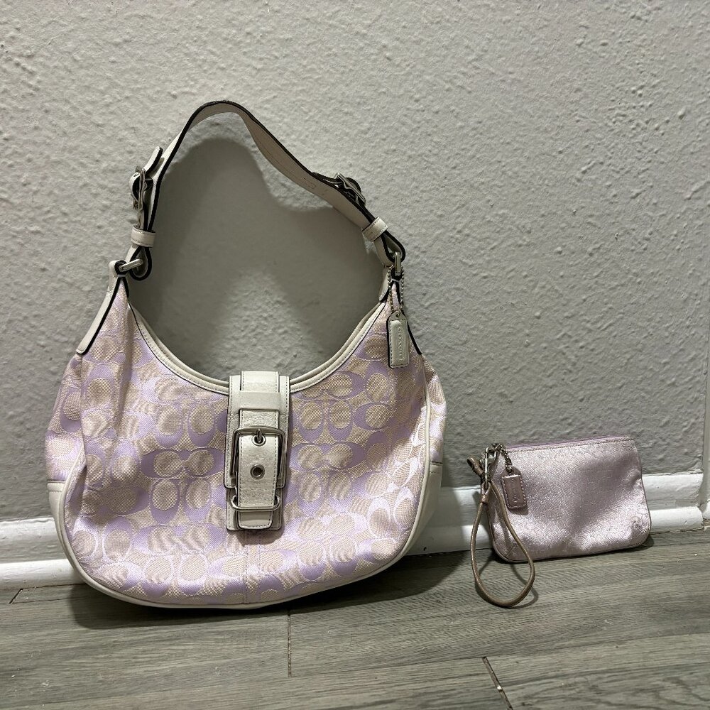 Coach Lavender Canvas White Leather Signature Hobo Purse Bag F06363 + Wristlet